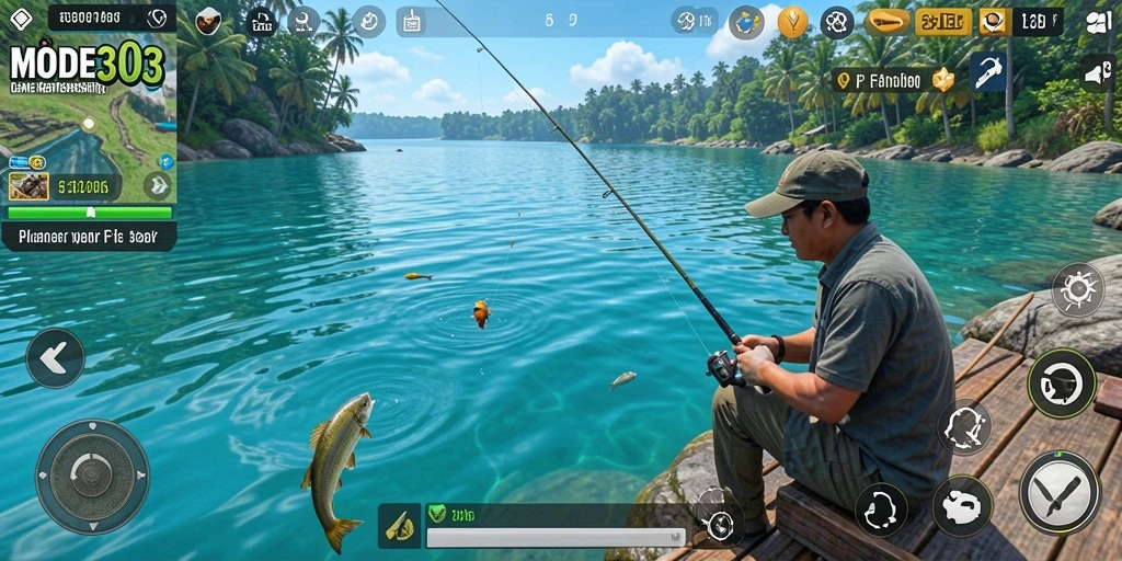 Tampilan gameplay yang menampilkan aktivitas memancing di MODE303.