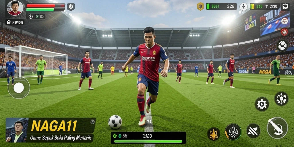 Tampilan gameplay NAGA11 yang menampilkan aksi seru di lapangan sepak bola.