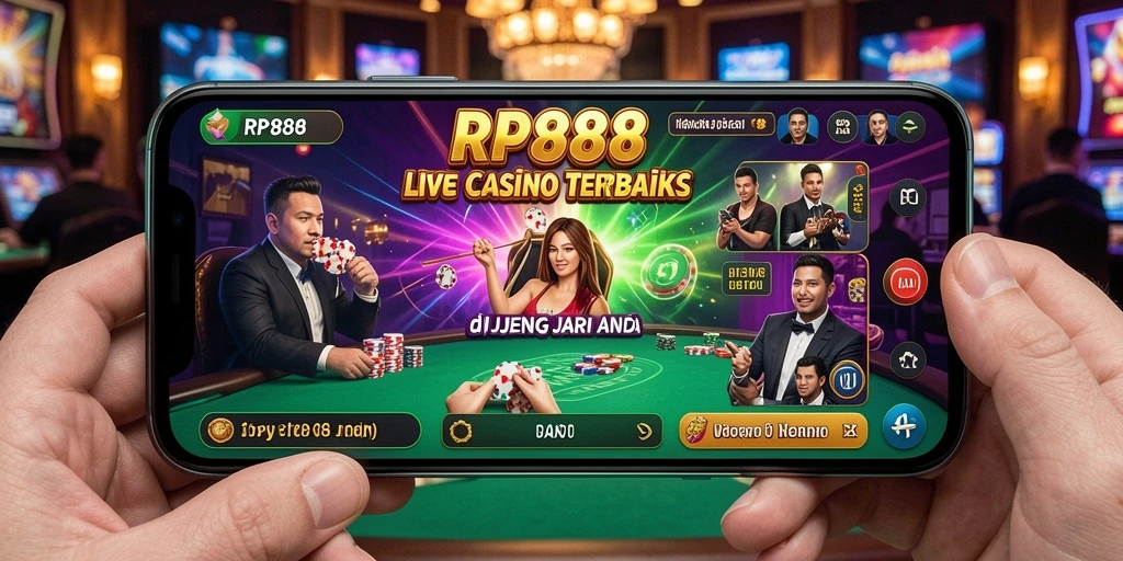 Tangkapan layar gameplay RP888 menampilkan dealer langsung dan suasana kasino yang hidup.