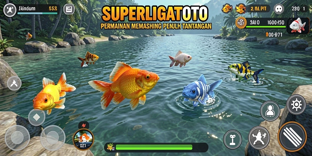 Screenshot gameplay <strong>SUPERLIGATOTO</strong>, menunjukkan keseruan memancing di berbagai lokasi.